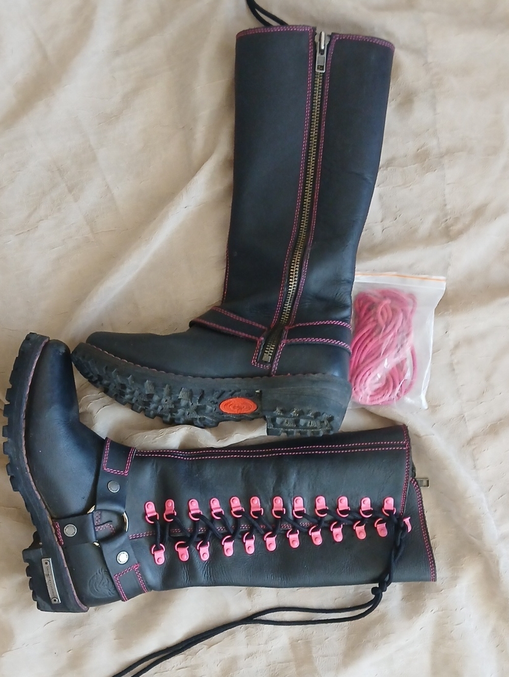 Women's Black Boots with Pink Accents - Fashion Lace-Up Knee High